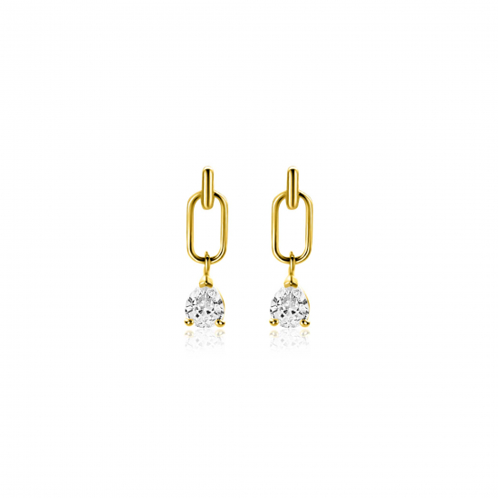 12mm ZINZI Gold 14 krt gouden oorstekers, open ovaal met peervormige witte zirkonia ZGO548