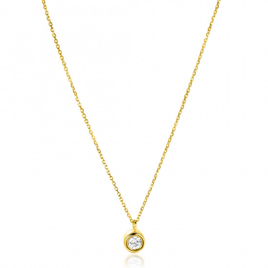 ZINZI Gold 14 krt gouden schakelkettinkje 43cm met sierlijke ronde hanger, bezet met witte zirconia ZGC371