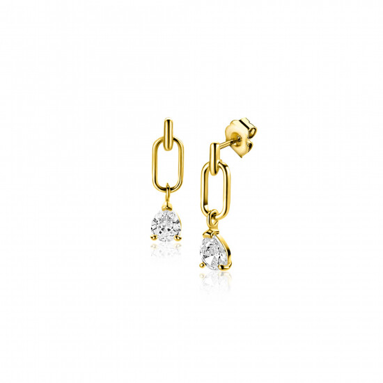 12mm ZINZI Gold 14 krt gouden oorstekers, open ovaal met peervormige witte zirkonia ZGO548