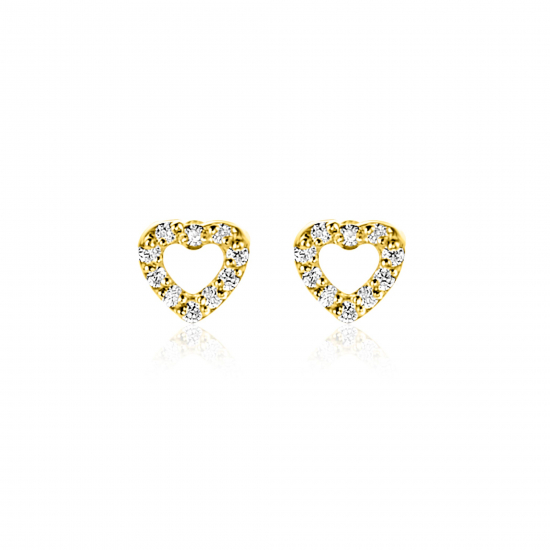 5mm ZINZI Gold 14 krt gouden oorknoppen open hartje bezet met witte zirkonia's ZGO551