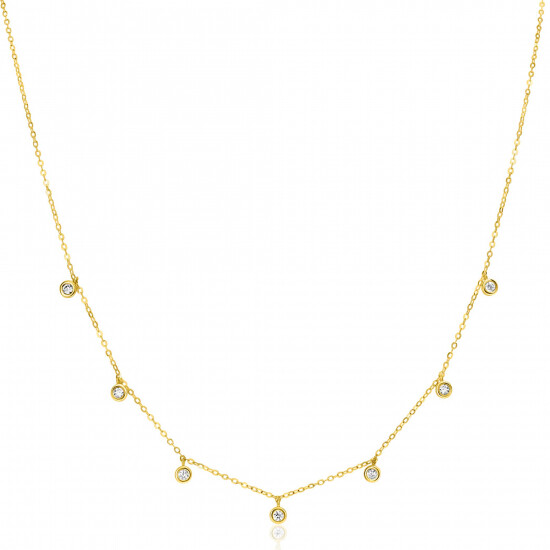 ZINZI Gold 14 krt gouden anker ketting met zeven ronde hangertjes, bezet met witte zirconia's 40-43cm ZGC451
