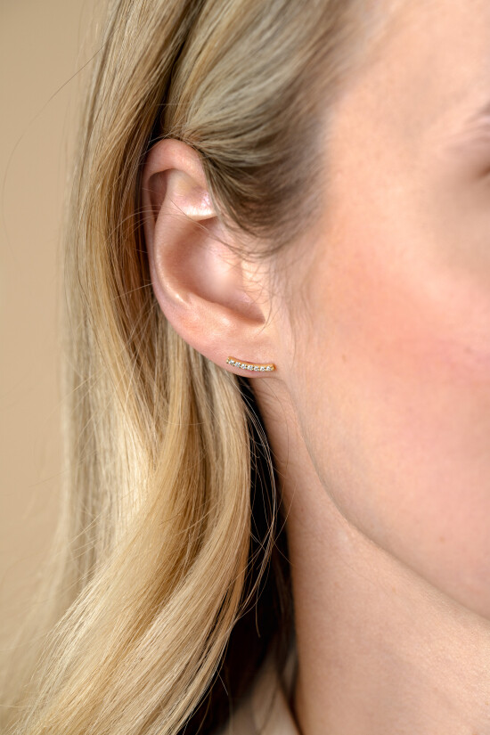 11mm ZINZI Gold 14 krt gouden oorknoppen in kwart cirkel, bezet met zeven witte zirkonia's ZGO517