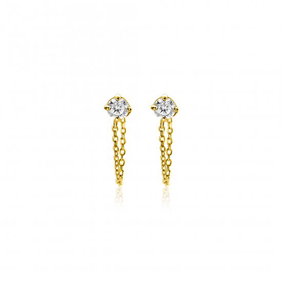 12mm ZINZI Gold 14 krt gouden oorstekers met ketting en ronde witte zirkonia ZGO552