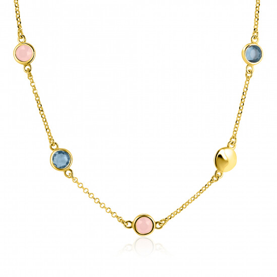 ZINZI gold plated zilveren ketting 40–45cm met rondjes, bezet met blauwe en roze kleurstenen ZIC2715G