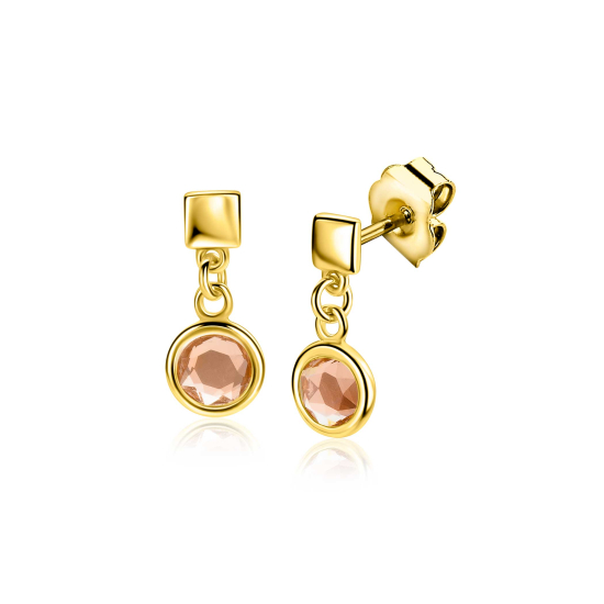 16mm ZINZI gold plated zilveren oorstekers met een vierkante gladde stud en een hangende ronde champagnekleurige zirkonia ZIO2907