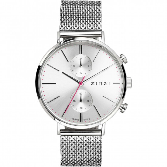 ZINZI Traveller horloge zilvergekleurde wijzerplaat en kast stalen mesh band 39mm dual time ZIW702M