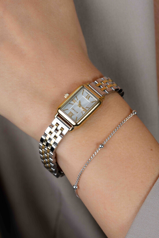 ZINZI Small Elegance bicolor horloge zilverkleurige sunray wijzerplaat en rechthoekige kast stalen bicolor schakelband 22mm extra dun ZIW2833
