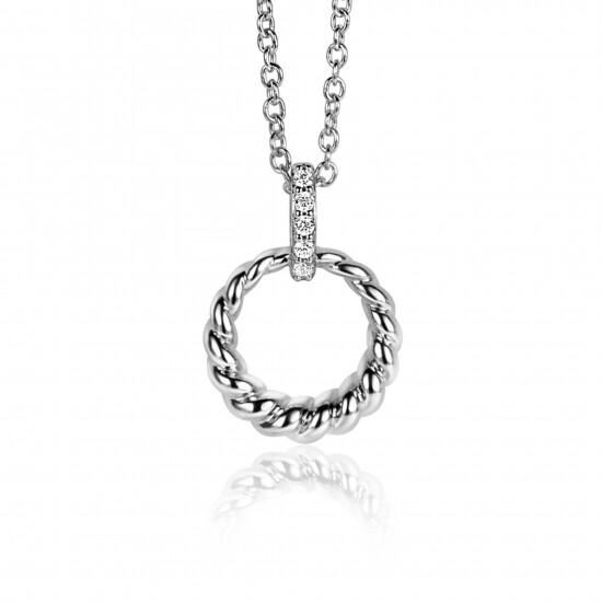 ZINZI zilveren ronde hanger 15mm gedraaid motief, hangoog bezet met witte zirconia's ZIH2403 (zonder collier)