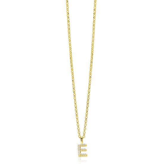 ZINZI gold plated zilveren letter hanger E bezet met witte zirkonia's ZIH2828-E (zonder ketting)
