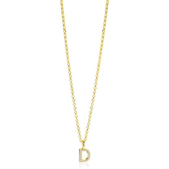 ZINZI gold plated zilveren letter hanger D bezet met witte zirkonia's ZIH2828-D (zonder ketting)