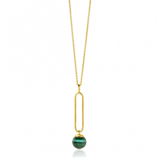 ZINZI gold plated zilveren ketting met lange ovale hanger en bungelende groene cateye in bolvorm 40-45cm ZIC2420