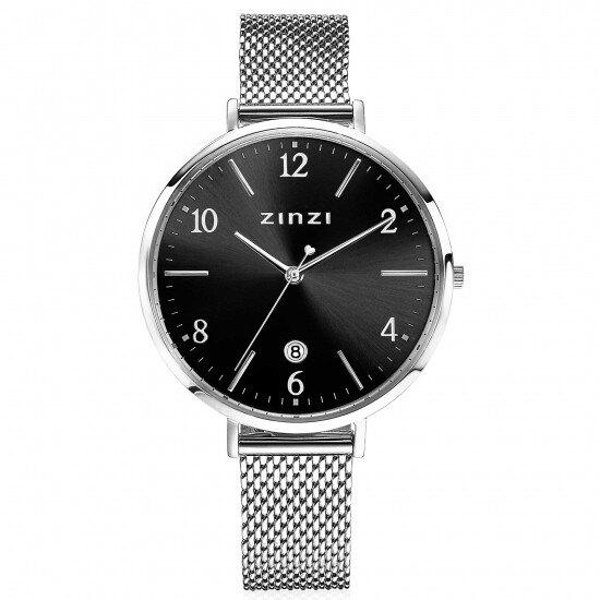 ZINZI horloge SOPHIE zwarte wijzerplaat met datum, stalen kast 38mm, stalen mesh band 14mm ZIW1401
