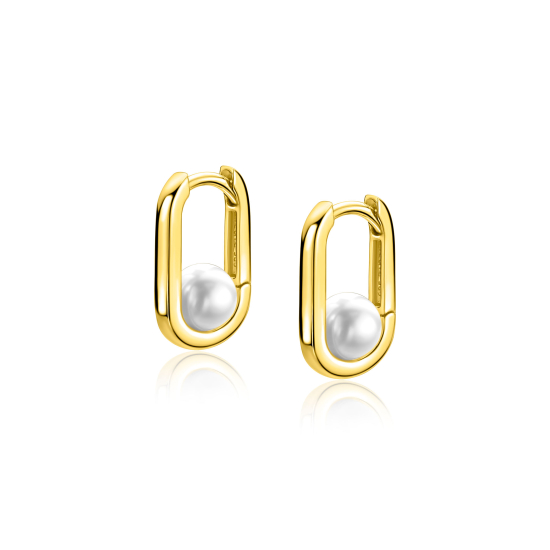 13,5mm ZINZI gold plated zilveren ovale oorringen met witte parel en luxe klapsluiting ZIO-BF146
