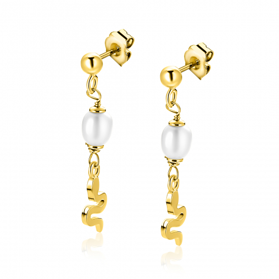 35mm ZINZI gold plated zilveren oorstekers met slang en witte zoetwaterparel ZIO2761