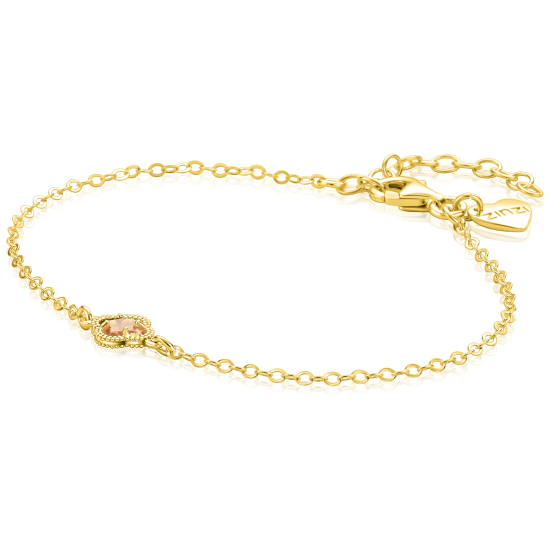 ZINZI gold plated zilveren schakel armband met een licht bruine klaver in het midden 16-19cm ZIA2905C