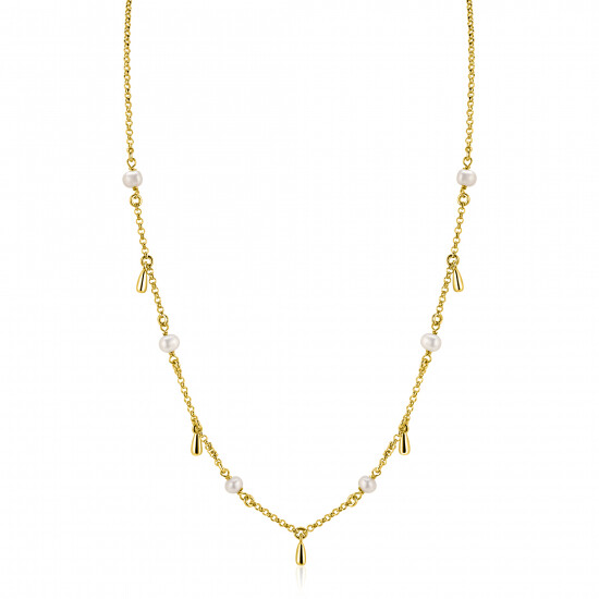 ZINZI gold plated zilveren ketting met witte zoetwaterparels en druppeltjes 42-45cm ZIC2753