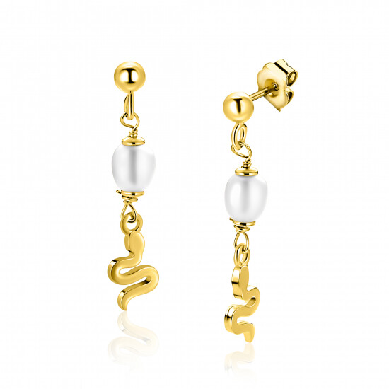 35mm ZINZI gold plated zilveren oorstekers met slang en witte zoetwaterparel ZIO2761