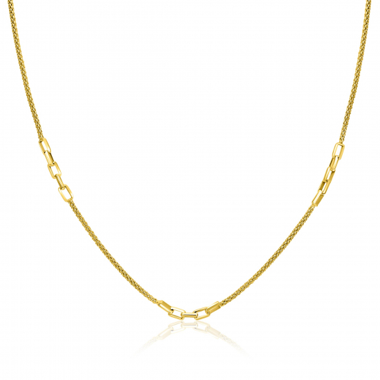 ZINZI gold plated zilveren popcorn schakelketting 45-48cm met drie paperclip schakelaccenten ZIC2709G
