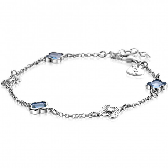 ZINZI zilveren schakel armband met twee zilveren en drie blauwe klavers 16-19cm ZIA2582
