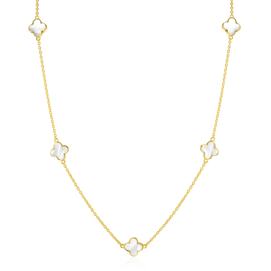 ZINZI gold plated zilveren ketting met vijf klavers 11mm in parelmoer 42-45cm ZIC-BF153
