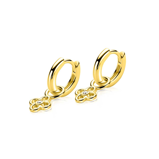 7mm ZINZI gold plated zilveren oorbedel in open klaver vier vorm, bezet met een witte zirkonia in het midden ZICH2885Y (zonder oorringen)