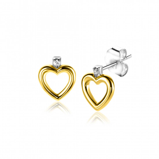 9mm ZINZI gold plated zilveren oorstekers open hartje witte zirconia ZIO2566