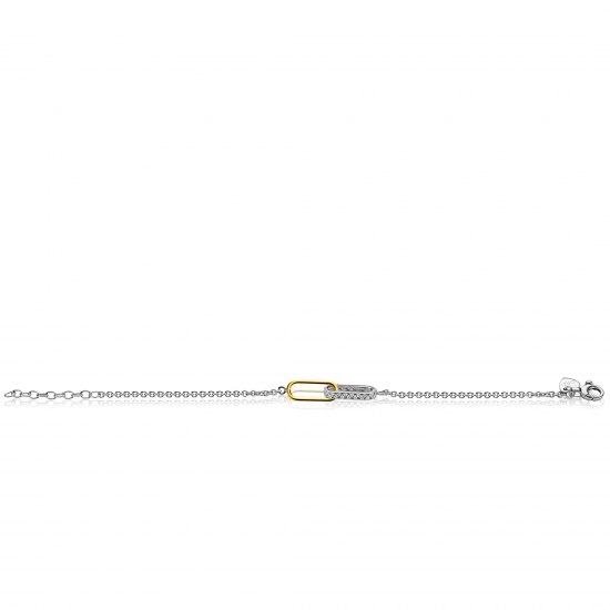 ZINZI zilveren schakelarmband met twee verbonden ovale schakels: ene gold plated, ander bezet met witte zirkonia's ZIA2758