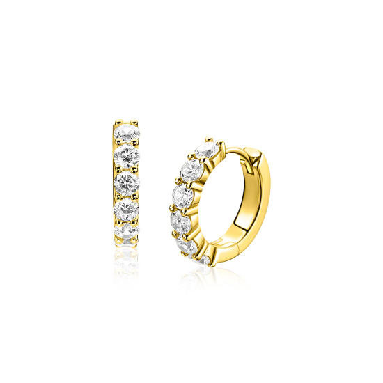 15mm ZINZI gold plated zilveren tennis oorringen bezet met zes ronde witte zirkonia's, 3mm buisdikte en luxe klapsluiting ZIO2888Y