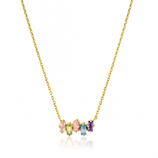 ZINZI gold plated zilveren ketting met multi-color rechthoekige kleurstenen 42-45cm ZIC2739