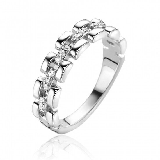 ZINZI zilveren ring met rolex-style schakels en de middenbaan bezet met witte zirconia's 5mm breed ZIR2504C