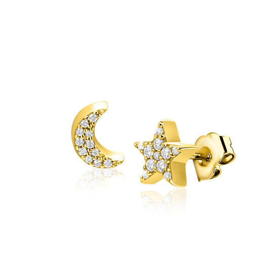 7mm ZINZI goldplated zilveren oorknopjes in ster- en maansymbool, bezet met fonkelende witte zirkonia’s ZIO2827