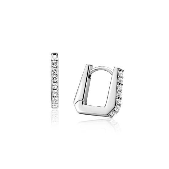 12mm ZINZI zilveren rechthoekige oorringen, strakke buis bezet met een rij witte zirkonia’s, luxe klapsluiting ZIO2878