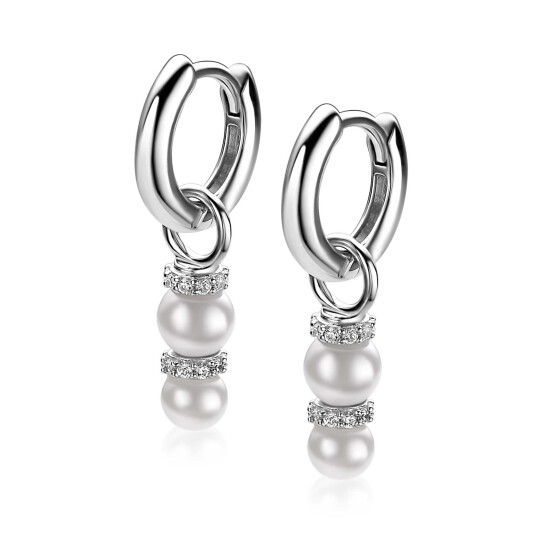 16mm ZINZI zilveren oorbedels met twee witte parels onder elkaar waarbij de top is bezet met witte zirconia's ZICH2864 (zonder oorringen)