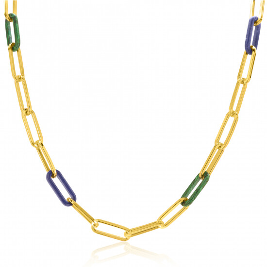 ZINZI gold plated zilveren ketting 45cm met paperclip-schakels en trendy schakels in lapisblauw en malachietgroen ZIC2455