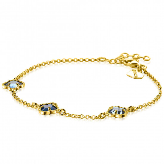 ZINZI gold plated zilveren schakel armband met twee lichtblauwe klavers en een donkerblauwe klaver in het midden 17-20cm ZIA2662B