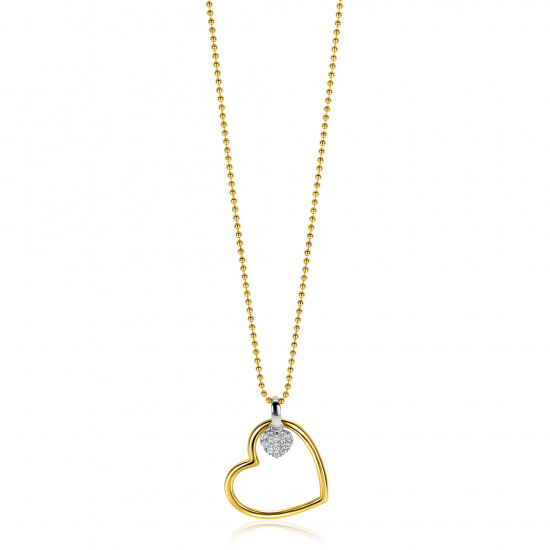 ZINZI gold plated zilveren bolletjes ketting met grote open hart hanger 20mm en bungelend luxe hartje 45-48cm ZIC2621