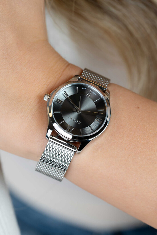ZINZI Classy Mini horloge 30mm grijze wijzerplaat stalen kast en meshband ZIW1224M
