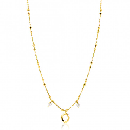 ZINZI gold plated zilveren fantasie ketting met kleine bolletjes, twee bungelende witte pareltjes en organische open vorm in het midden 42-45cm ZIC2405