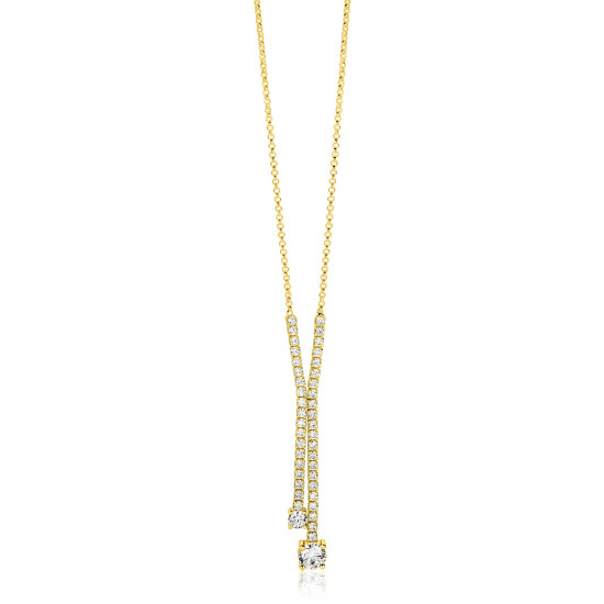 ZINZI gold plated zilveren Y-collier 45cm met luxe tennislook en witte zirkonia's in rijzetting met twee grotere witte zirkonia's ZIC2894Y