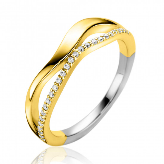 ZINZI gold plated zilveren multilook ring (6mm breed) organisch gevormd met twee golvende banen, waarvan één bezet met witte zirconia's ZIR2629YC