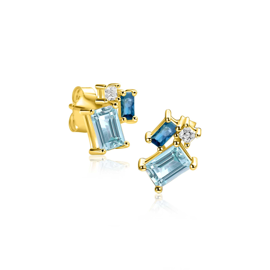 11mm ZINZI gold plated zilveren geometrische oorstekers met lichtblauwe, petrolblauwe en witte zirkonia's ZIO2897