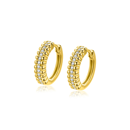 16,5mm ZINZI goldplated zilveren oorringen met speelse structuur en een rij witte zirkonia's in het midden, luxe klapsluiting ZIO2834Y