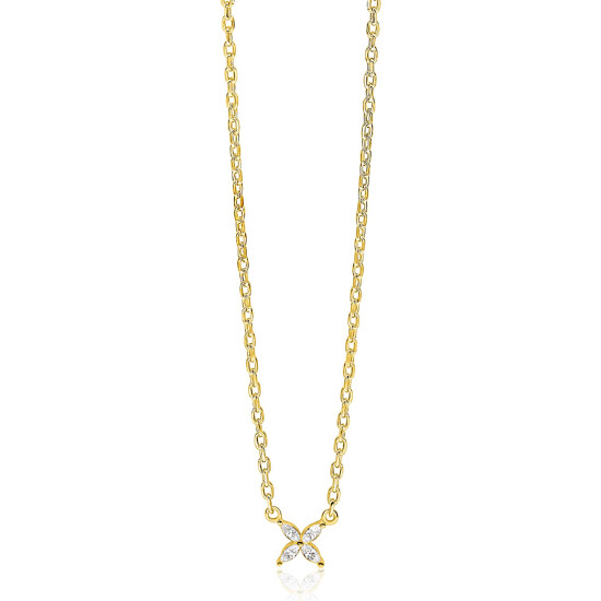 ZINZI gold plated zilveren ketting met bloem bezet met vier druppelvormige witte zirconia's 42-45cm ZIC2624