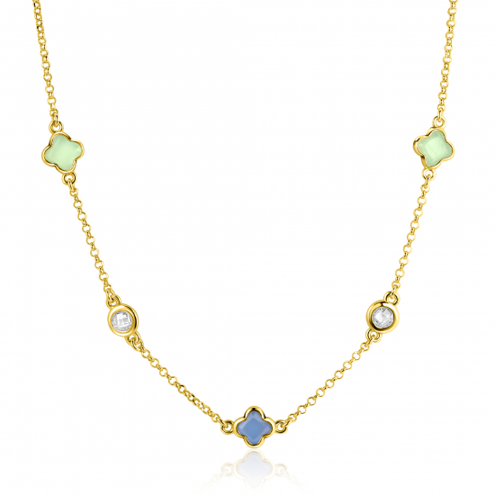 ZINZI gold plated zilveren schakelketting met twee mintgroene klavers en een blauwe klaver 40-45cm ZIC2763
