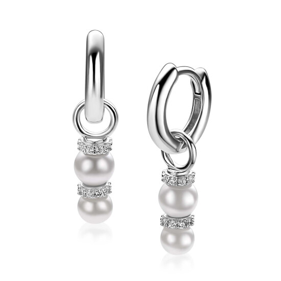 16mm ZINZI zilveren oorbedels met twee witte parels onder elkaar waarbij de top is bezet met witte zirconia's ZICH2864 (zonder oorringen)