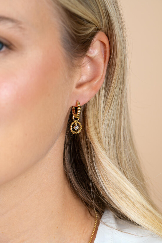 10mm ZINZI goldplated zilveren oorbedels met bolletjes en bungelende witte zirkonia ZICH2816 (zonder oorringen)