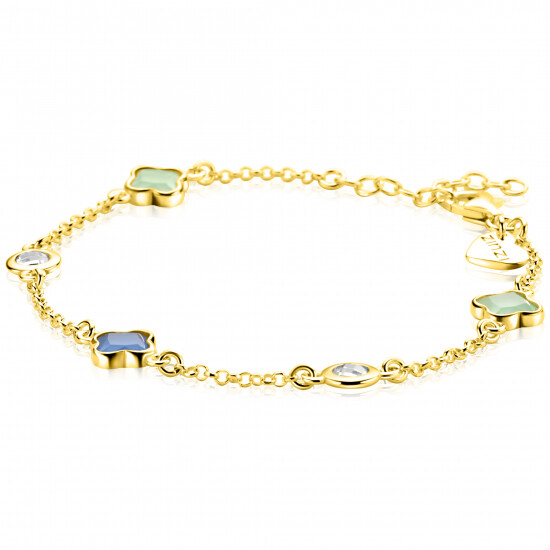 ZINZI gold plated zilveren schakel armband met twee mintgroene klavers en een blauwe klaver 17-20cm ZIA2763