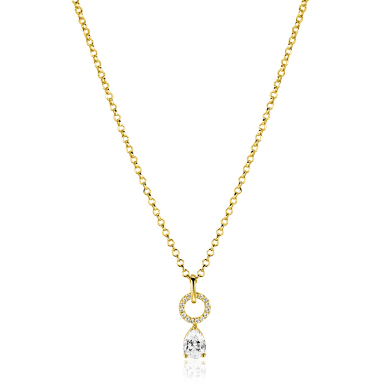 ZINZI gold plated zilveren ketting 45cm met open rondje witte zirconia's en peervormige hanger ZIC2796
