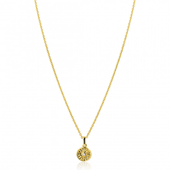 ZINZI gold plated zilveren ketting 42-45cm met zon hanger, bezet met witte zirkonia ZIC2741