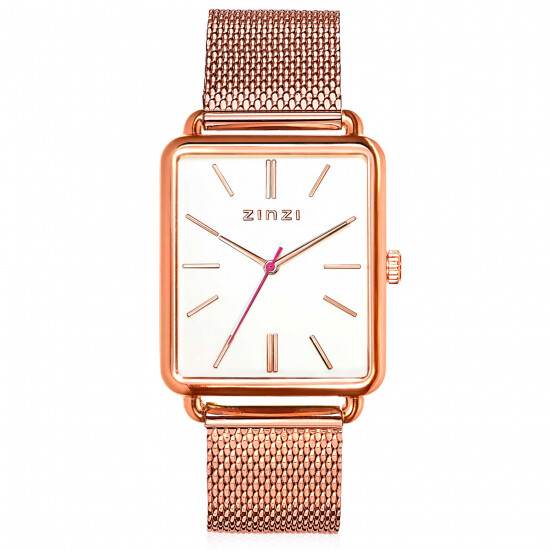 ZINZI Vintage Retro horloge witte wijzerplaat en rechthoekige roségoudkleurige kast stalen mesh band 34mm extra dun ZIW908M